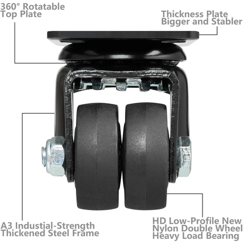 Heavy Duty Swivel Caster Wheels Set Of Four, 1.5 Inch Double Nylon Rollers Built Like A Tank For Beds And Workbenches, Smooth As Butter Gliding Plate Casters Holding 2200 Lbs, Rock Solid Black Kit showing 360-degree rotatable top plate and double wheels.