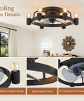 Low Profile Black Ceiling Fan With Light Remote Flush Mount Modern Farmhouse Industrial Rustic Ceiling Fan in room view.