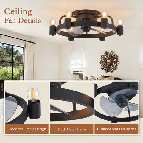 Low Profile Black Ceiling Fan With Light Remote Flush Mount Modern Farmhouse Industrial Rustic Ceiling Fan in room view.
