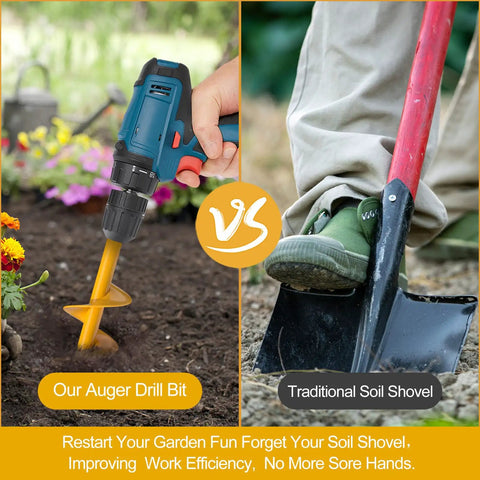 Comparison of auger drill bit and traditional soil shovel in garden setting