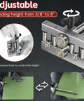 Pro Grade Sheet Metal Bender Tool With Adjustable Bend Height from Three Eighths to Eight Inches showing adjustment knob and bending example