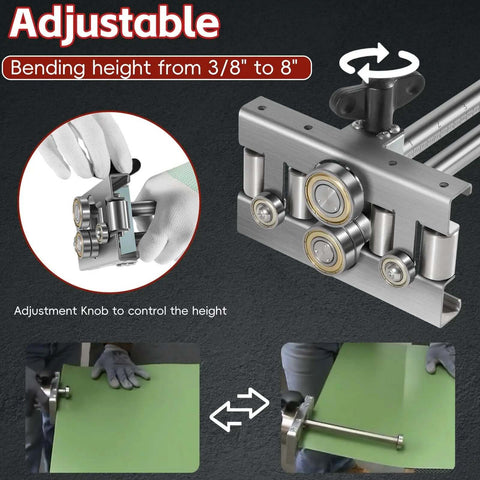 Pro Grade Sheet Metal Bender Tool With Adjustable Bend Height from Three Eighths to Eight Inches showing adjustment knob and bending example