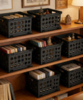 Black compact Durable Plastic File Crate With Ergonomic Handles For Letter And Legal Size Documents on wooden shelves