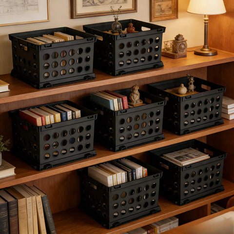 Black compact Durable Plastic File Crate With Ergonomic Handles For Letter And Legal Size Documents on wooden shelves