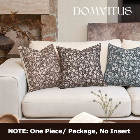 Floral Pillow Cover 18x18 Inch, Dope Throw Pillow Case For Couch, Block Print Neutral Accent Cover For Living Room Vibe, Cover Only, 1 Pack, Brown, Front Floral Back Plain Cotton on sofa