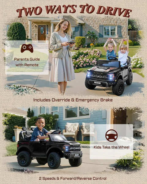 24V Ride On Toy For Big Kids Licensed Ford F150 Raptor Two Seater With Remote Control shown in use by children outside