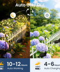 Outdoor Solar Fairy Lights 120 LED Two Pack Warm White in yard with solar panel showcasing charging and glowing modes.