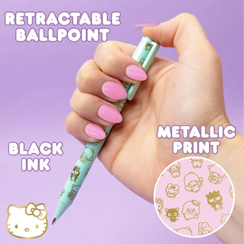 Kawaii Sanrio Pen Set With Four Color Ballpoint Pens Featuring My Melody And Kuromi Glitter Gold Foil Accents Perfect For School