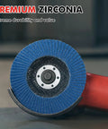 Close-up of 28 Pack 4 And A Half Inch Flap Discs Type 27 For Angle Grinder Zirconia High Density 40 60 80 120 Grits Seven Eighths Inch Arbor