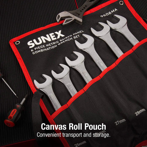 Six Piece Raised Panel Wrench Set 25mm 26mm 27mm 29mm 30mm 32mm Heavy Duty CRV Alloy Steel With Canvas Pouch Built To Last For Auto Repair And Everyday Jobs in open canvas roll pouch