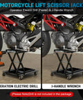 Heavy Duty 1100 Lbs Motorcycle Lift Stand With Dolly And Wide Anti Slip Deck Scissor Lift Jack For Cruisers Street Bikes ATVs And Motorcycles With J Crank Handle And Drill Compatible Socket A Real Workhorse