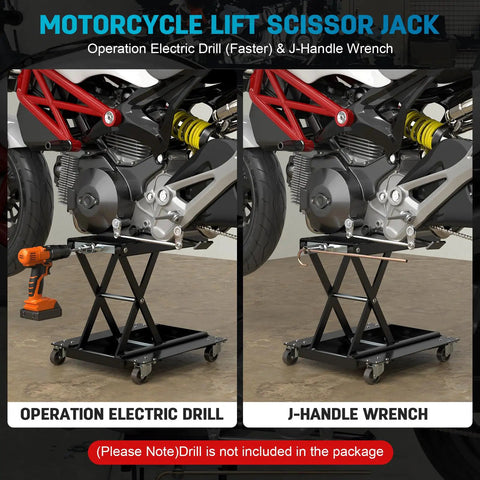 Heavy Duty 1100 Lbs Motorcycle Lift Stand With Dolly And Wide Anti Slip Deck Scissor Lift Jack For Cruisers Street Bikes ATVs And Motorcycles With J Crank Handle And Drill Compatible Socket A Real Workhorse