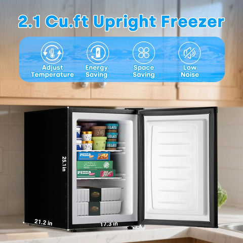 Hella Compact 2.1 Cubic Foot Upright Mini Freezer With Seven Adjustable Temperature Settings And Removable Wire Shelves for small space storage.