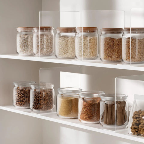 Clear Acrylic Shelf Dividers For Closet Organization 6 Pack Adjustable supporting jars of grains and spices on a pantry shelf.