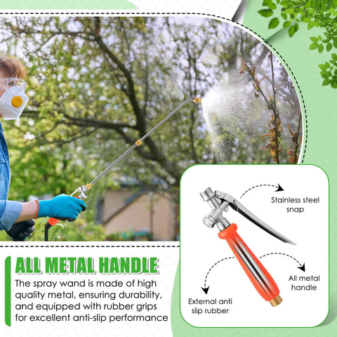 Person using All Metal Sprayer Wand Replacement 24 Inch With Built In Shut Valve in a garden, wand spraying water on plants