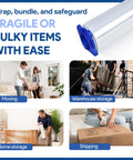 Collage showing uses of Beefy 18 Inch Stretch Film Wrap 1500 Feet, 4 Pack With Tension Handles for moving and storage tasks.