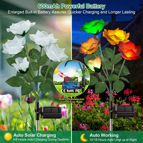 Rose Shaped Solar Lights Outdoor Waterproof 2026 Upgrade With Realistic Silk Petals, 7 Color Changing Garden Lights Display