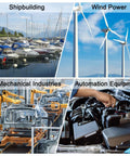 Collage of shipbuilding, wind power, mechanical industries, and automation equipment images.