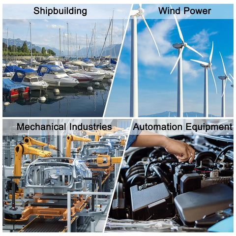 Collage of shipbuilding, wind power, mechanical industries, and automation equipment images.