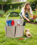 17L Foldable Cleaning Caddy With Handle And Six Pockets For Grab And Go Organization in a garden with tools inside