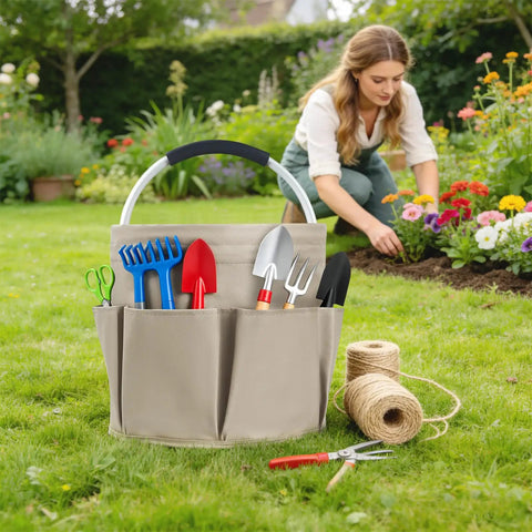 17L Foldable Cleaning Caddy With Handle And Six Pockets For Grab And Go Organization in a garden with tools inside