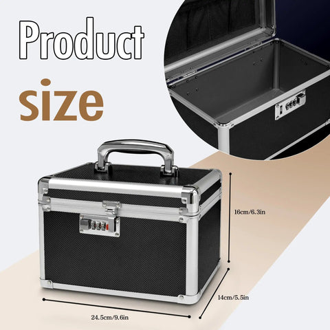 Compact Medicine Lockbox With 3 Digit Combination Lock, shown open and closed, size 9.76 x 6.02 x 7.48 inches