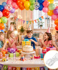 Balloon Arch Clips Kit With 100 Long Balloons 10 Clear Plastic Spring Clamps For Backdrops in a birthday party setup.