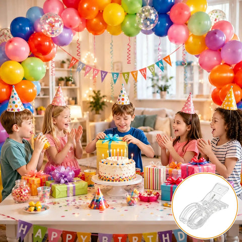 Balloon Arch Clips Kit With 100 Long Balloons 10 Clear Plastic Spring Clamps For Backdrops in a birthday party setup.