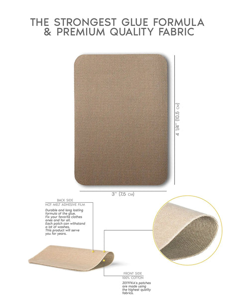 Premium Quality Fabric Iron On Patches Kit With Ultra Strong Glue, 12 Patches In Shades Of Brown Beige And Khaki, 3x4.25 inches detail