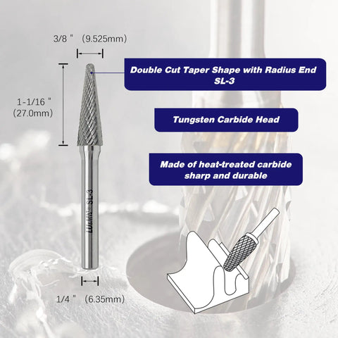 Double Cut Tungsten Carbide Burr Rotary File Three Eighths Inch Head And Quarter Inch Shank Fourteen Degree Taper Shape