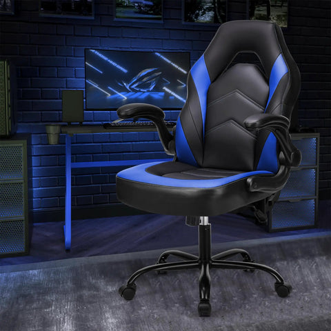 PU Leather Ergonomic Gaming Chair With Lumbar Support Flip Up Armrests 360 Degree Swivel Wheels Height Adjustable For Home Office Desk Black And Blue For Long Sessions in gaming setup