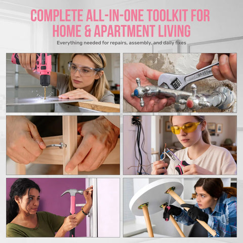 Collage of home DIY with Pink 8V Cordless Drill Set For Home DIY Projects A Handy Workhorse USB Rechargeable Tool Kit With Essential Household Tools For Quick Furniture Assembly And Everyday Repairs Not For Brick Tile Or Concrete.