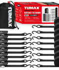 Heavy Duty 8 Pack Ratchet Tie Down Straps 1 Inch by 10 Feet set with zinc plated ratchets and hooks in carry bag.
