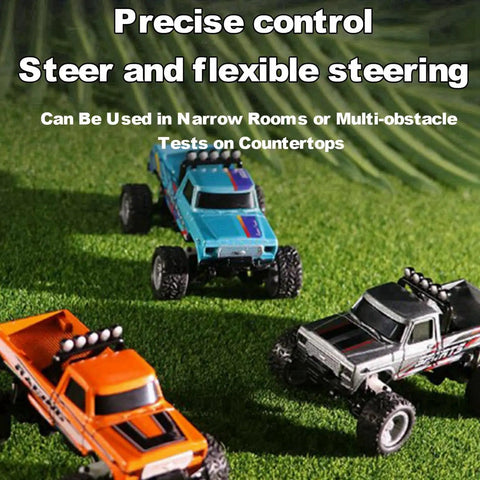 One Sixty Fourth Scale Mini Remote Control Monster Truck with Trailer, Alloy RC Car with LED Lights on grass demonstrating control