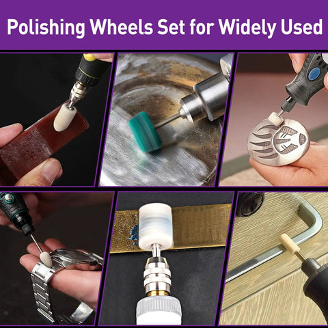 114 Piece Polishing Kit With Two Polishing Compounds And 1 Eighth Inch Shank Buffing Wheels For Rotary Tools in use on metal and jewelry