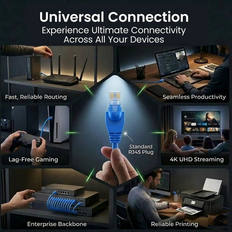 Universal connection display with blue Ethernet cable for routers, gaming, streaming, printing, showcasing Cat 6 Ethernet Patch Cable 3 Ft
