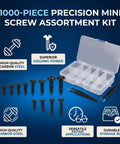 No Fuss Miniature Self Tapping Screw Assortment Kit With 1000 Carbon Steel Pan Head Fasteners In M1 Through M1.7 Sizes For Snap Tight Glasses And Watch Fixes With Tweezers And Storage Box in a clear storage case with assorted screws.