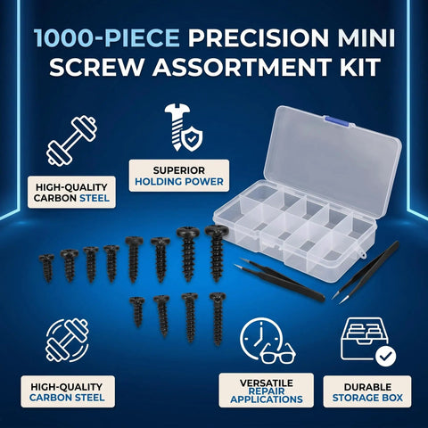 No Fuss Miniature Self Tapping Screw Assortment Kit With 1000 Carbon Steel Pan Head Fasteners In M1 Through M1.7 Sizes For Snap Tight Glasses And Watch Fixes With Tweezers And Storage Box in a clear storage case with assorted screws.
