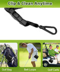 Portable Golf Club And Ball Cleaner Bag With Waterproof Liner attached to belt loop and golf bag, shown on golf cart for versatility.