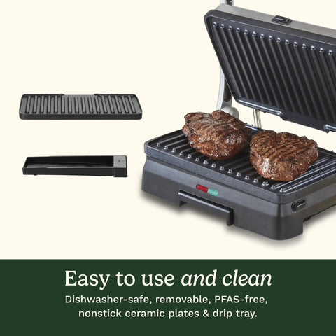 Cuisinart Griddler Indoor Grill And Panini Press With Removable Nonstick Plates, grilling steak on ceramic plates, dishwasher-safe parts