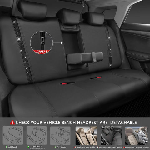 PU Leather Bling Diamond Car Seat Covers Full Set Waterproof Durable With Rear Zipper Universal Fit in black interior.