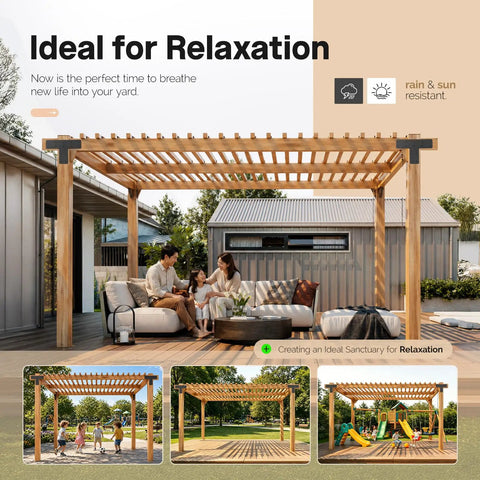 Family relaxing under a pergola using T Post Timber Pergola Bracket Set For 4x4 And 6x6 Lumber Heavy Duty Steel Powder Coated Black