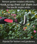 Rugged Weeding Sickle Tool With Sharp Blade being used on garden shrubs, comfort soft sleeve handle, durable metal garden hoe.