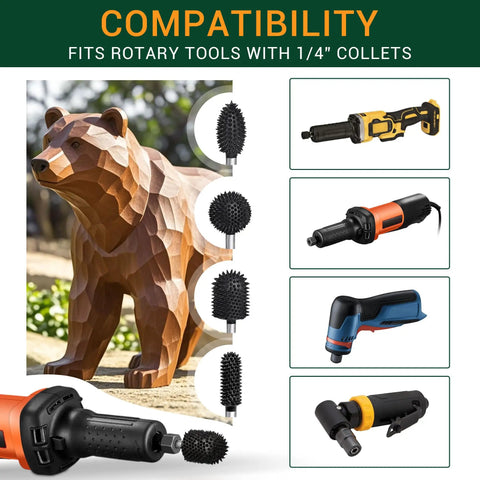 Extreme Coarse Ball Nose Rotary Burr For 1/4 Inch Shaft, shown with carved bear, compatible with drills and rotary tools