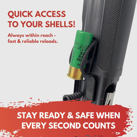 12 Gauge Shotgun Shell Holder With 3M Tape mounted on a shotgun stock, showing quick shell access and secure fit, by Rangenord.