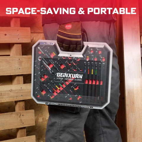 Person holding 58 Piece Screwdriver Bit Set with Impact Bits and Tool Box, portable for home repairs and DIY projects.