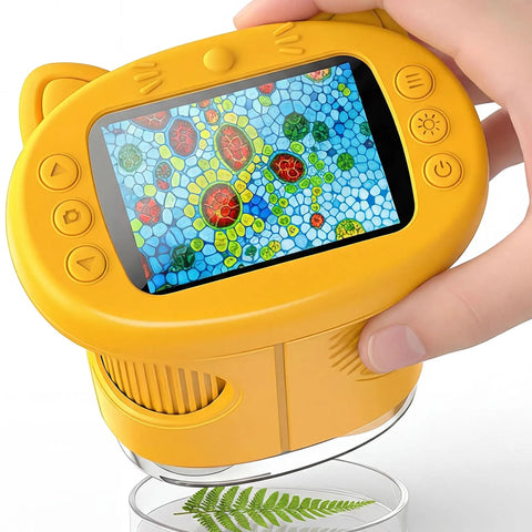 Hand holding Ultimate Pocket Microscope For Kids With 1000X Zoom, 2.4 Inch HD Screen, displaying colorful microscopic view