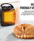 Portable Electric Space Heater That Is 2 In 1 Desk Heater And Fan, 1500W Fast Heat, with pet cat sleeping nearby.