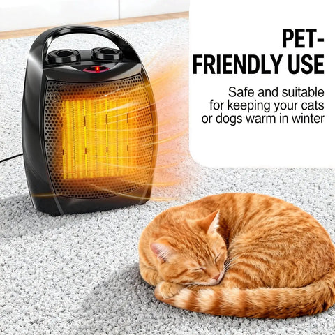 Portable Electric Space Heater That Is 2 In 1 Desk Heater And Fan, 1500W Fast Heat, with pet cat sleeping nearby.