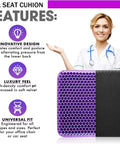Image of Ultra Comfy Gel Seat Cushion With Double Thick Egg Design And Non Slip Cover For Office Chairs Cars Wheelchairs And Travel Reduces Pressure And Relieves Sciatica And Back Pain While Keeping Its Shape, shown in purple with features listed.